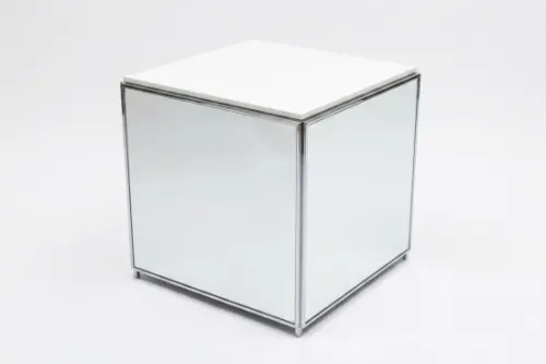 Buffetw�rfel 80 cm x 80 cm / 90 cm hoch - Front: Spiegel -  Top: wei�e Platte