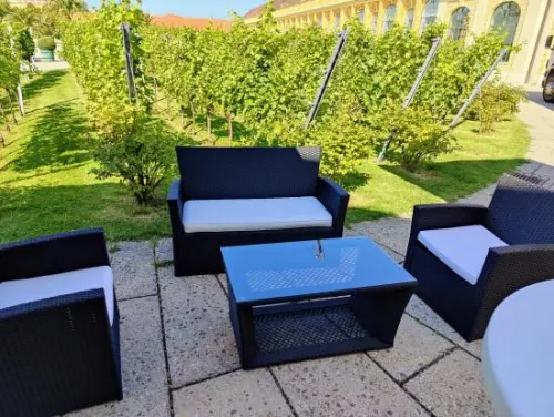 Rattangarnitur (1x Bank, 2x Sessel, 1x Tisch), schwarz