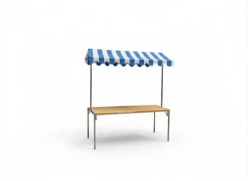 Marktstand - Tischplatte: Eiche - Dach: blau-wei�