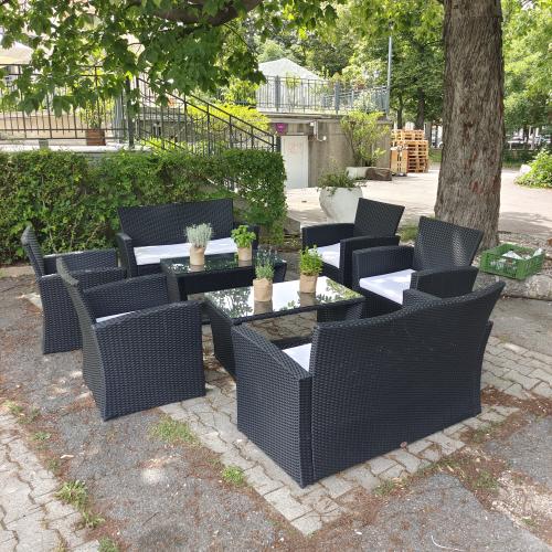 Rattangarnitur (1x Bank, 2x Sessel, 1x Tisch), schwarz
