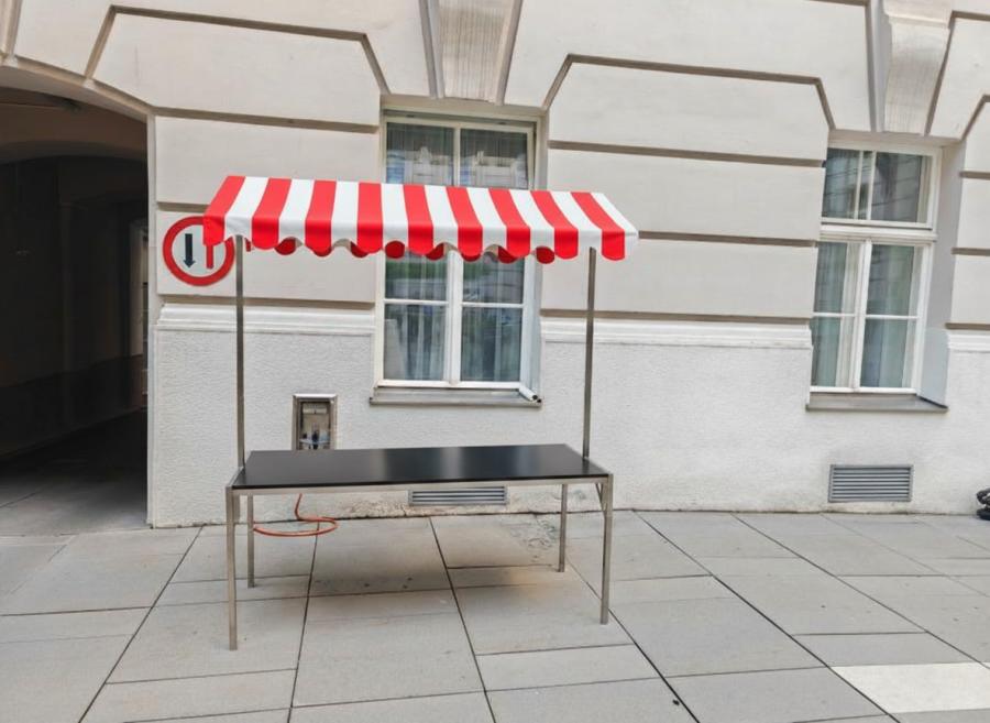 Marktstand - Tischplatte: schwarz - Dach: rot-wei�