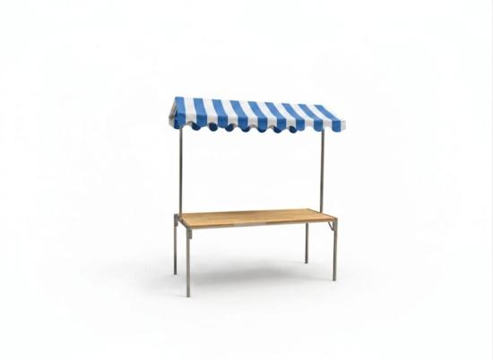 Marktstand - Tischplatte: Eiche - Dach: blau-wei�